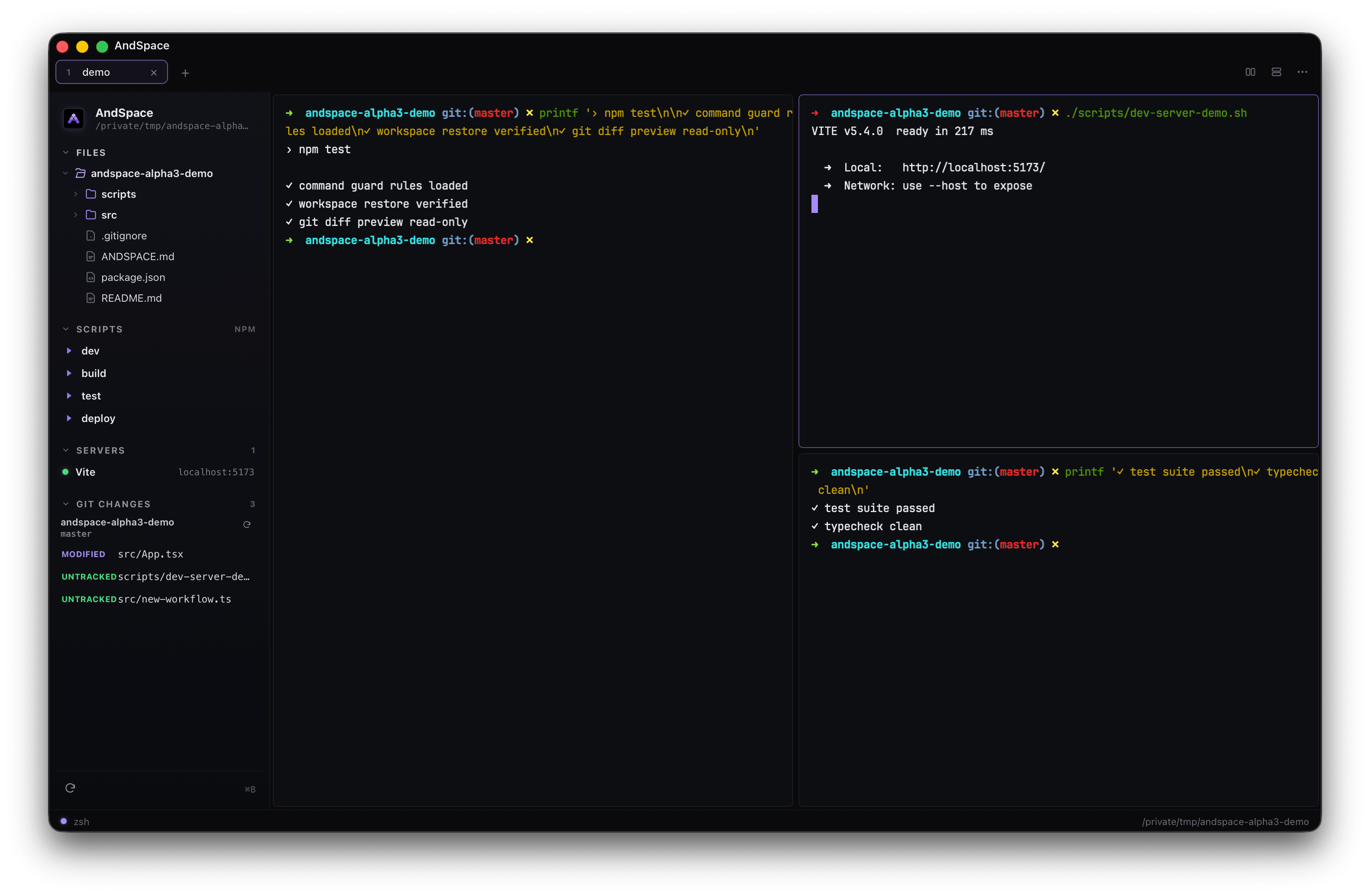 AndSpace terminal with project sidebar, split panes running bun dev, and a command palette open