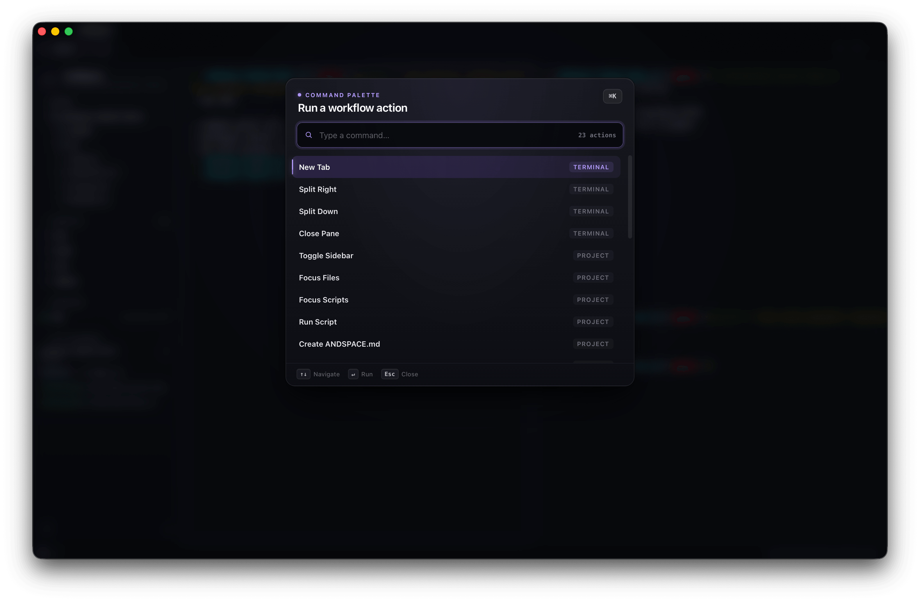 AndSpace command palette open over a split-pane terminal, listing workflow actions like New Tab, Split Right, Toggle Sidebar, and Run Script